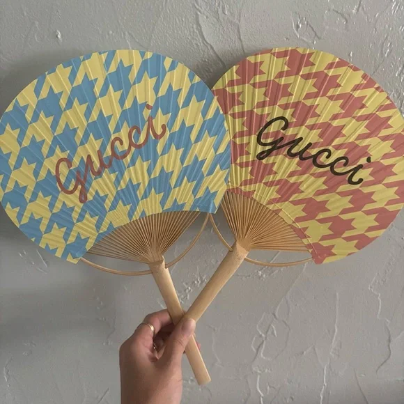 Gucci Houndstooth Patterned Bamboo Paper Fans Blue Yellow Peach Pink Summer Hues